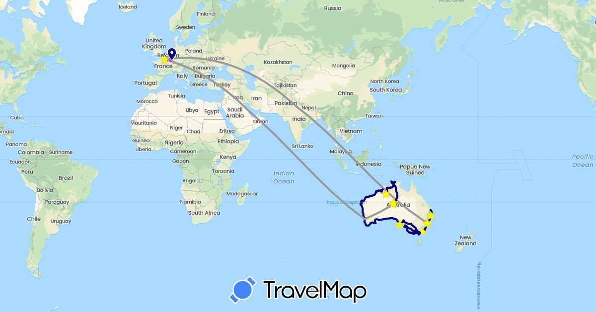TravelMap itinerary: driving, bus, plane, train, hiking in Australia, France, India, Qatar (Asia, Europe, Oceania)